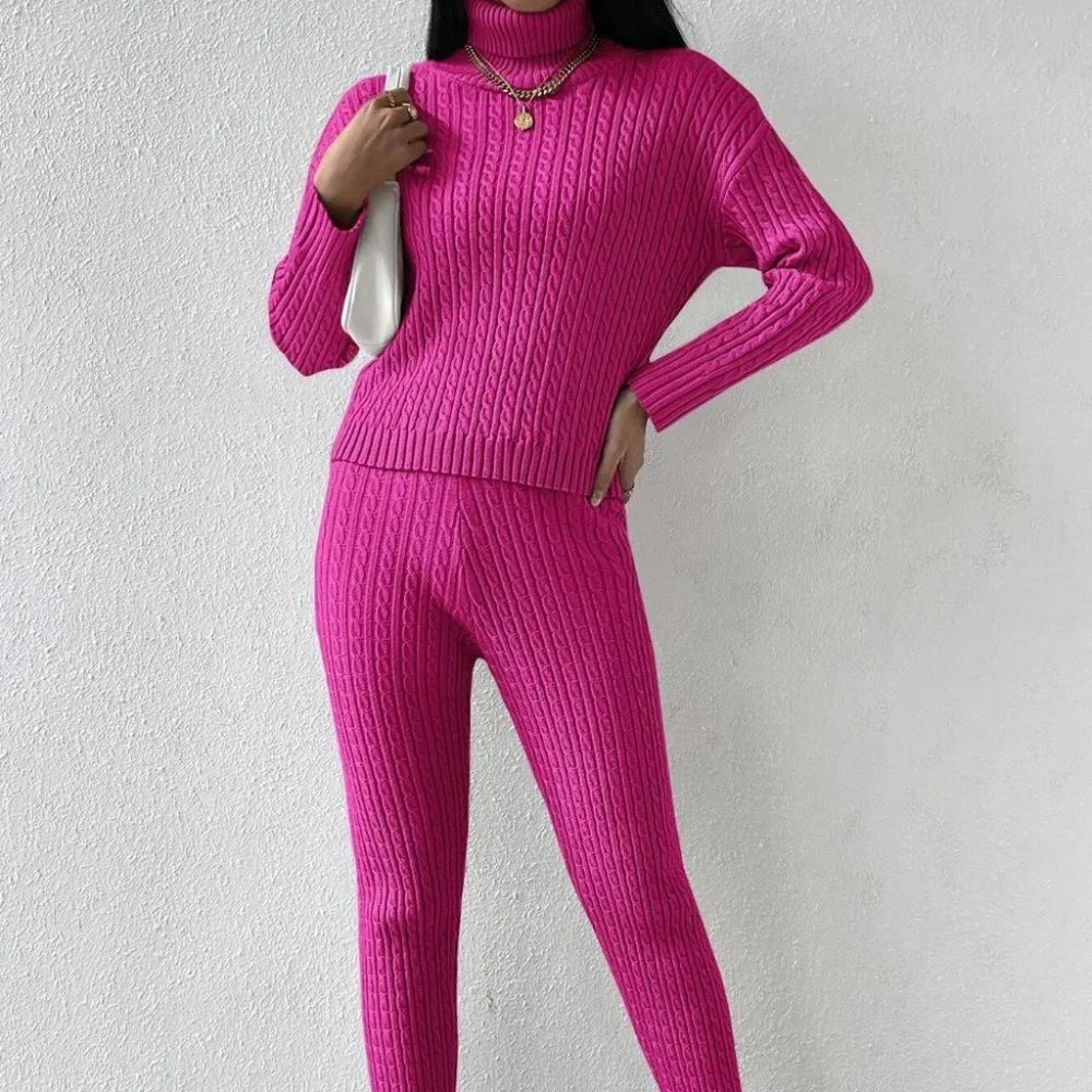 Pink Preppy Womens Turtle Neck Drop Shoulder Cable Knit Sweater & Knit Pants - Picture 3 of 5